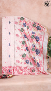 Off-White and Pink Rose Patterned Jamdani Tussar Silk Saree